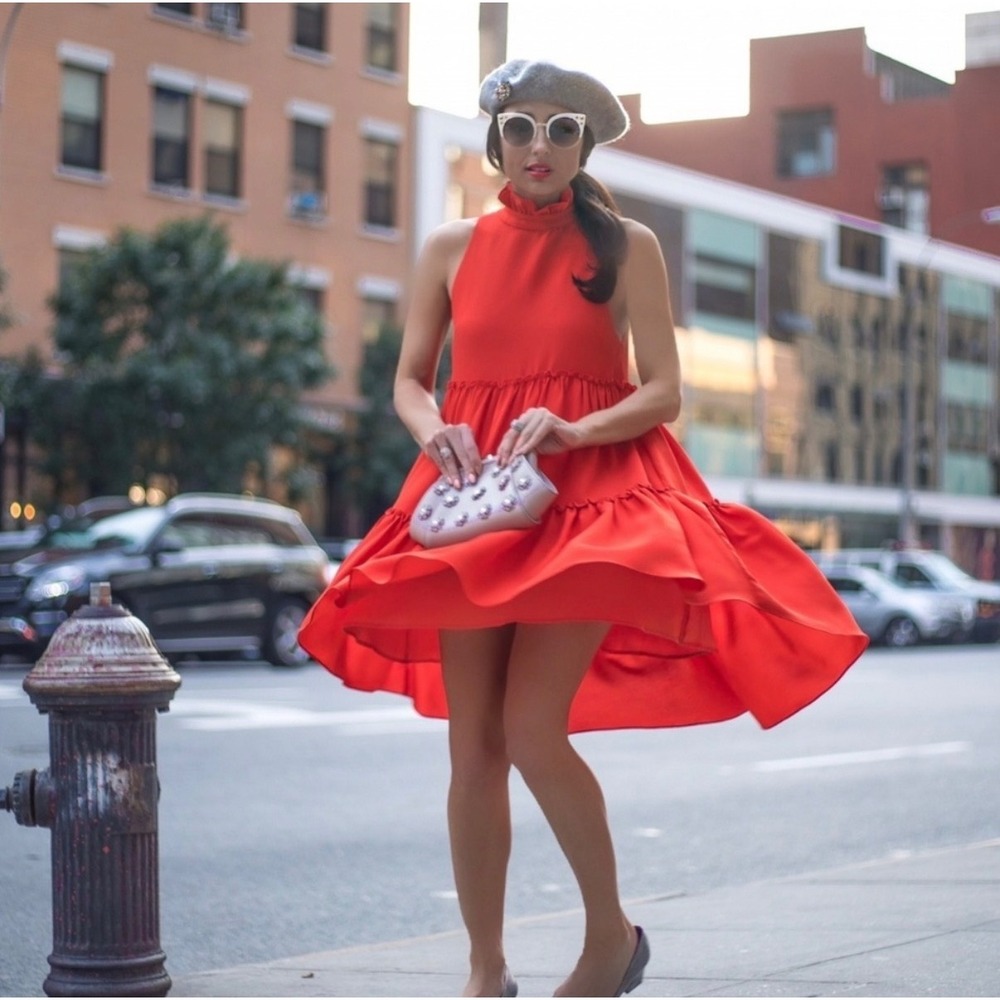 H12 Elliatt Red Tiered Ruffle Mini Dress Sleeveless High Neck‎ Babydoll XS